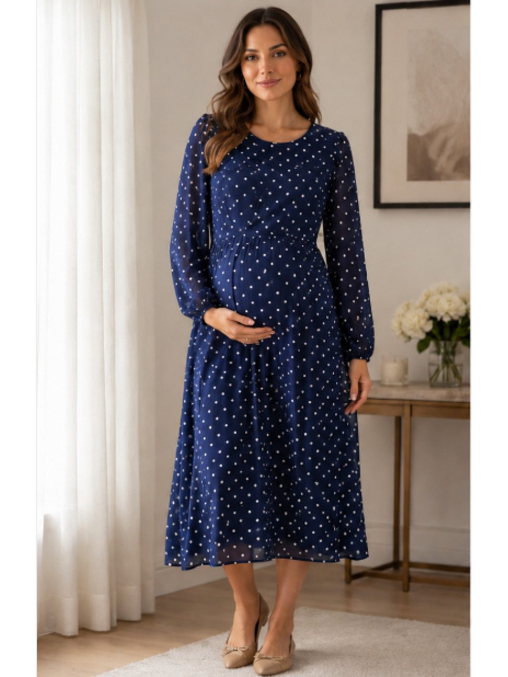 NWT Luxe By Seraphine Navy Polka Dot Maternity Nursing Dress Sz US 6 Long Sleeve